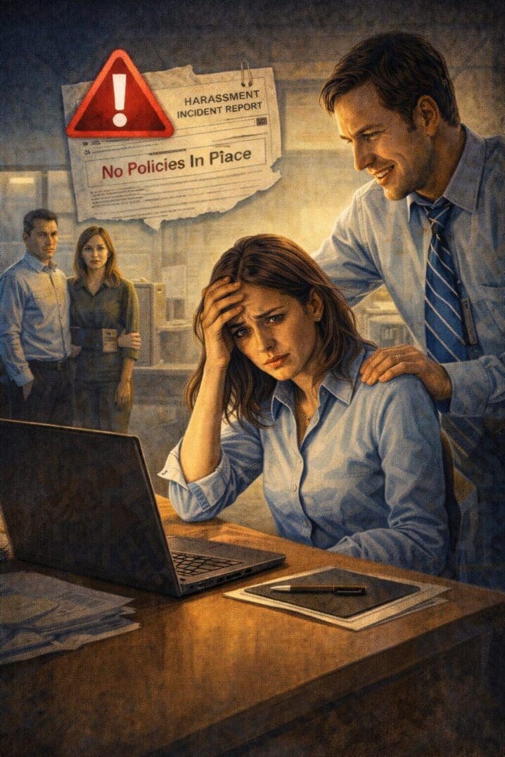Female employee distressed amid office harassment incident