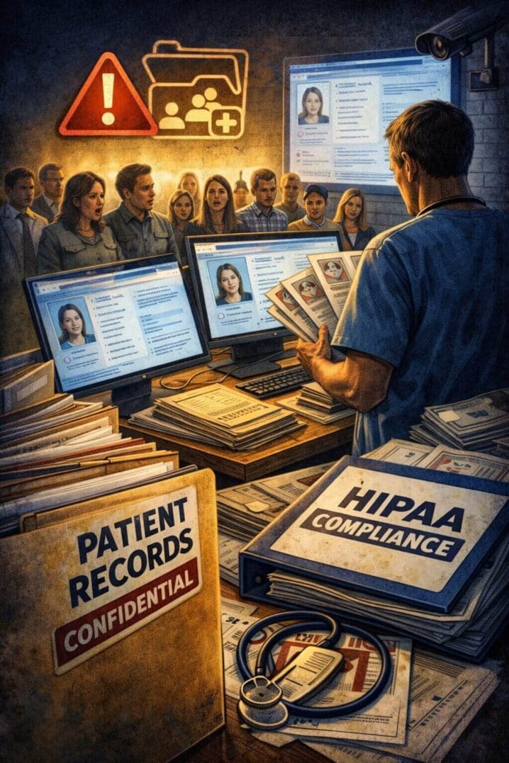 Healthcare worker reviewing confidential patient records