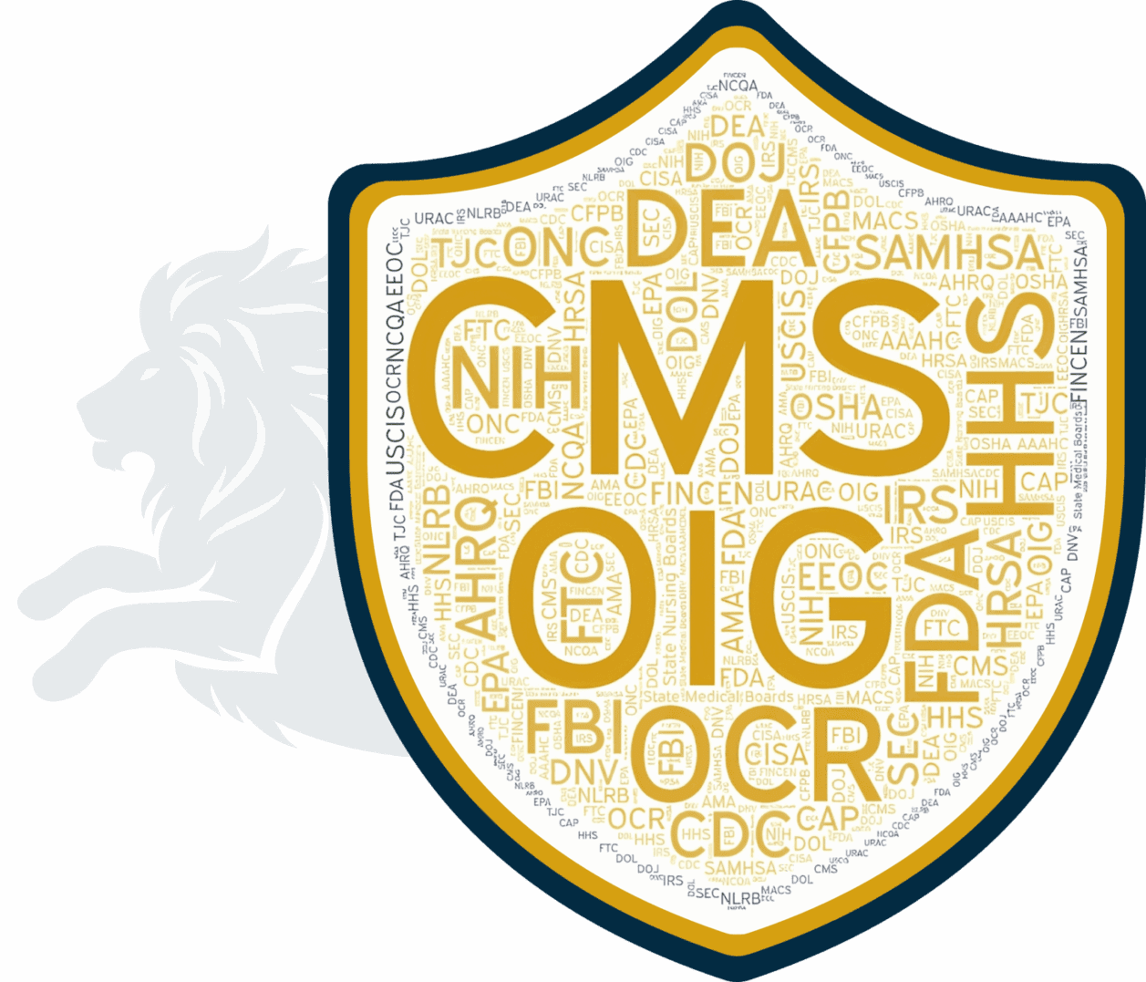 Shield-shaped word cloud of agency acronyms
