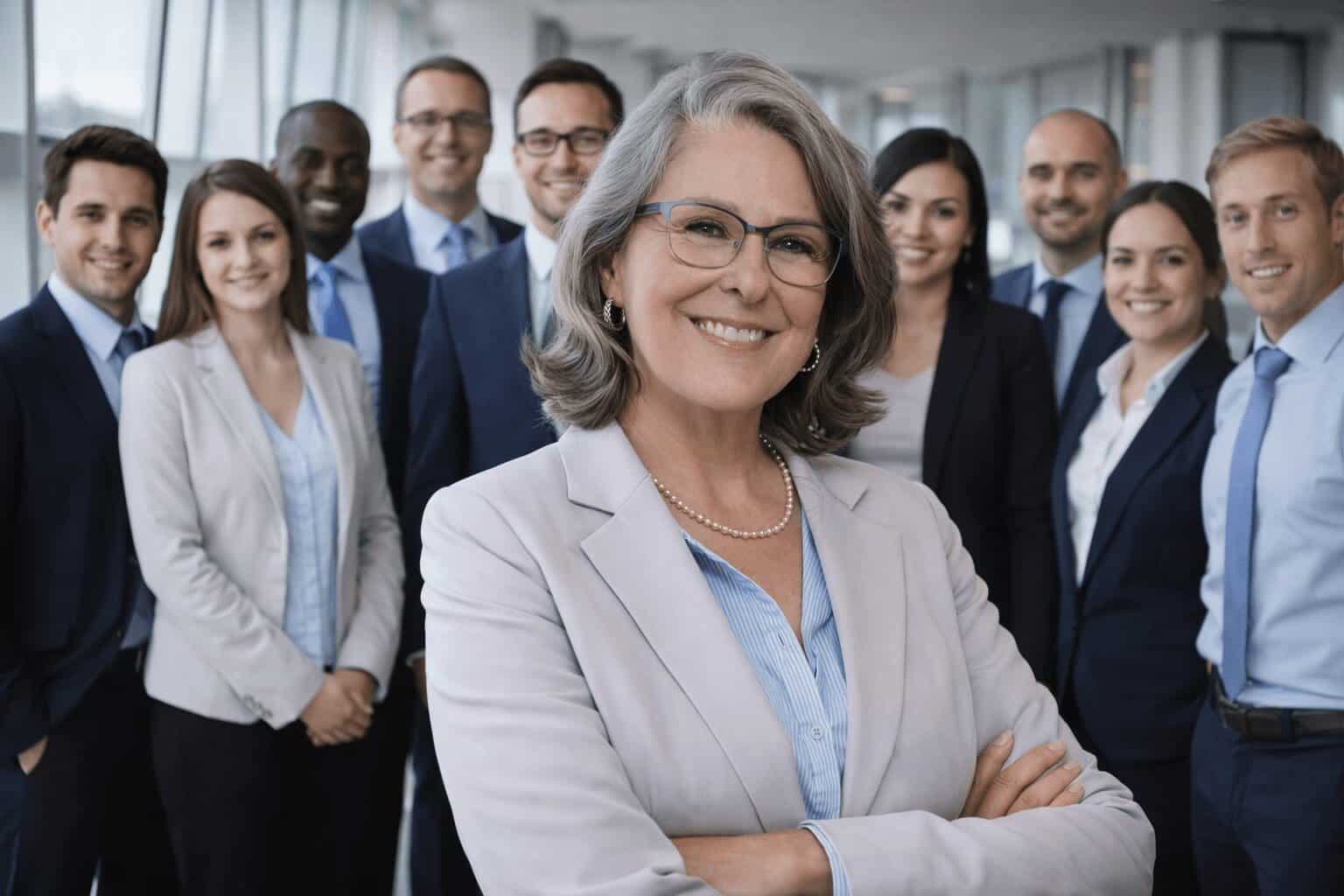 Confident senior businesswoman leading diverse team