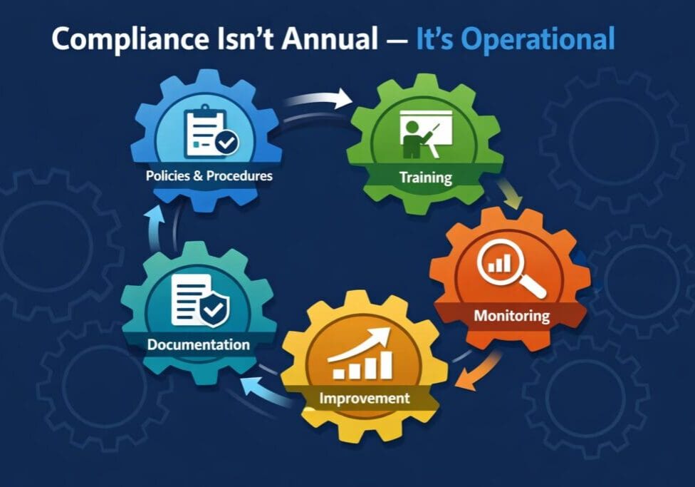 Operational compliance cycle illustrated by colored gears