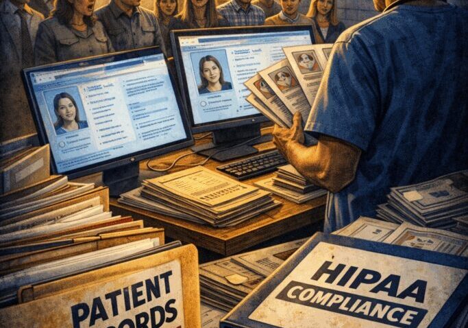 Healthcare worker reviewing confidential patient records
