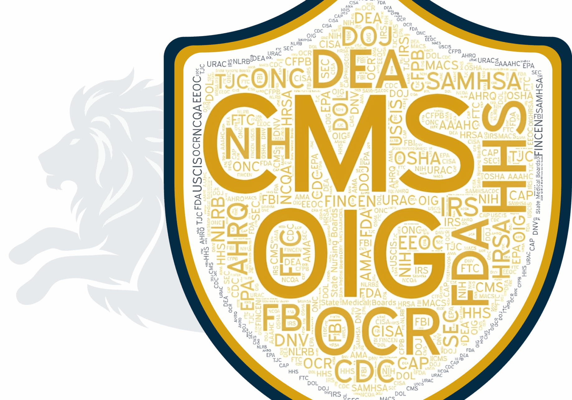 Shield-shaped word cloud of agency acronyms
