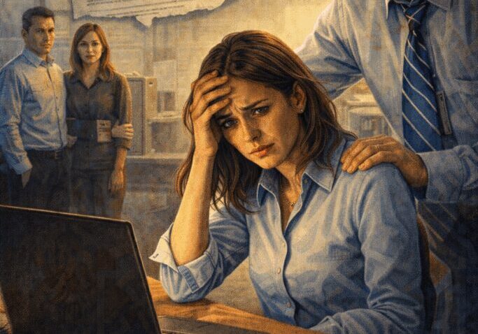 Female employee distressed amid office harassment incident